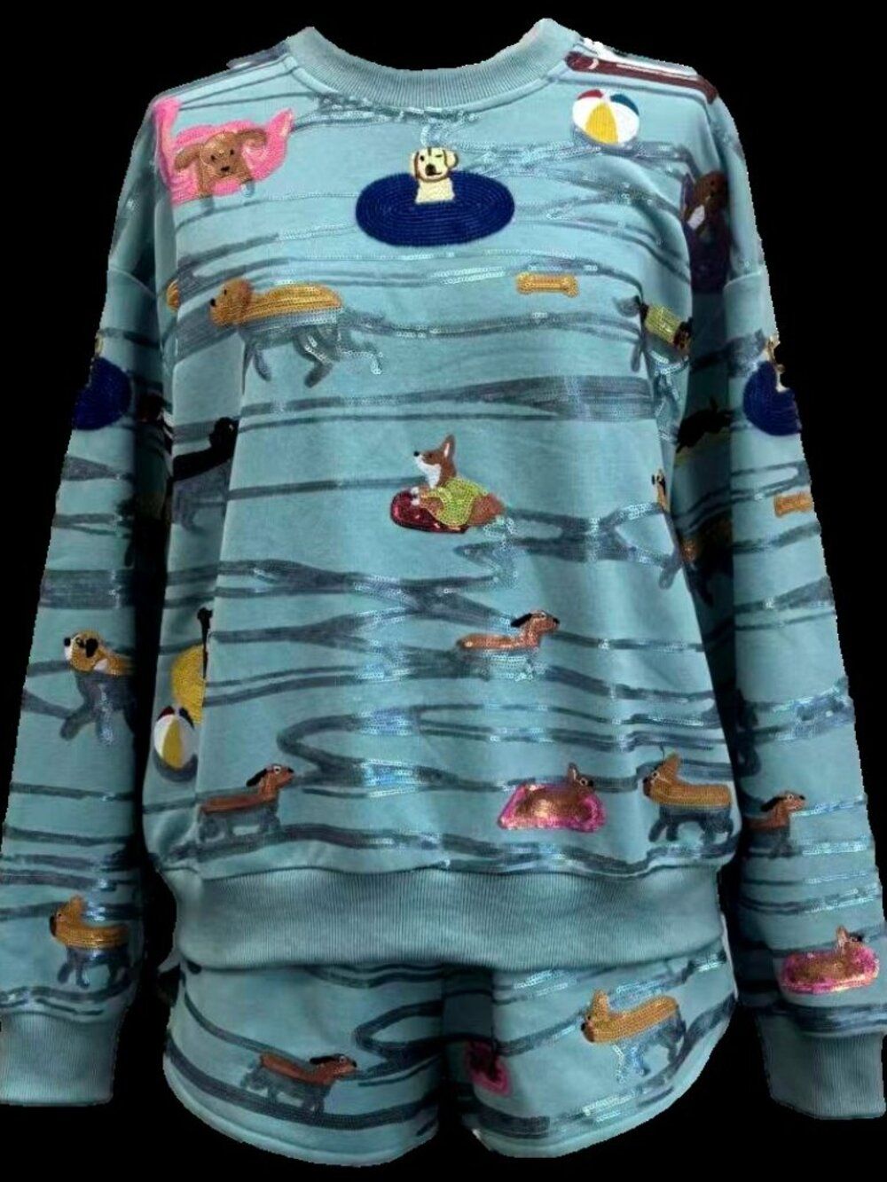 NWT Queen of Sparkles Blue Dogs Swimming on Floats Sweatshirt - Picture 5 of 5